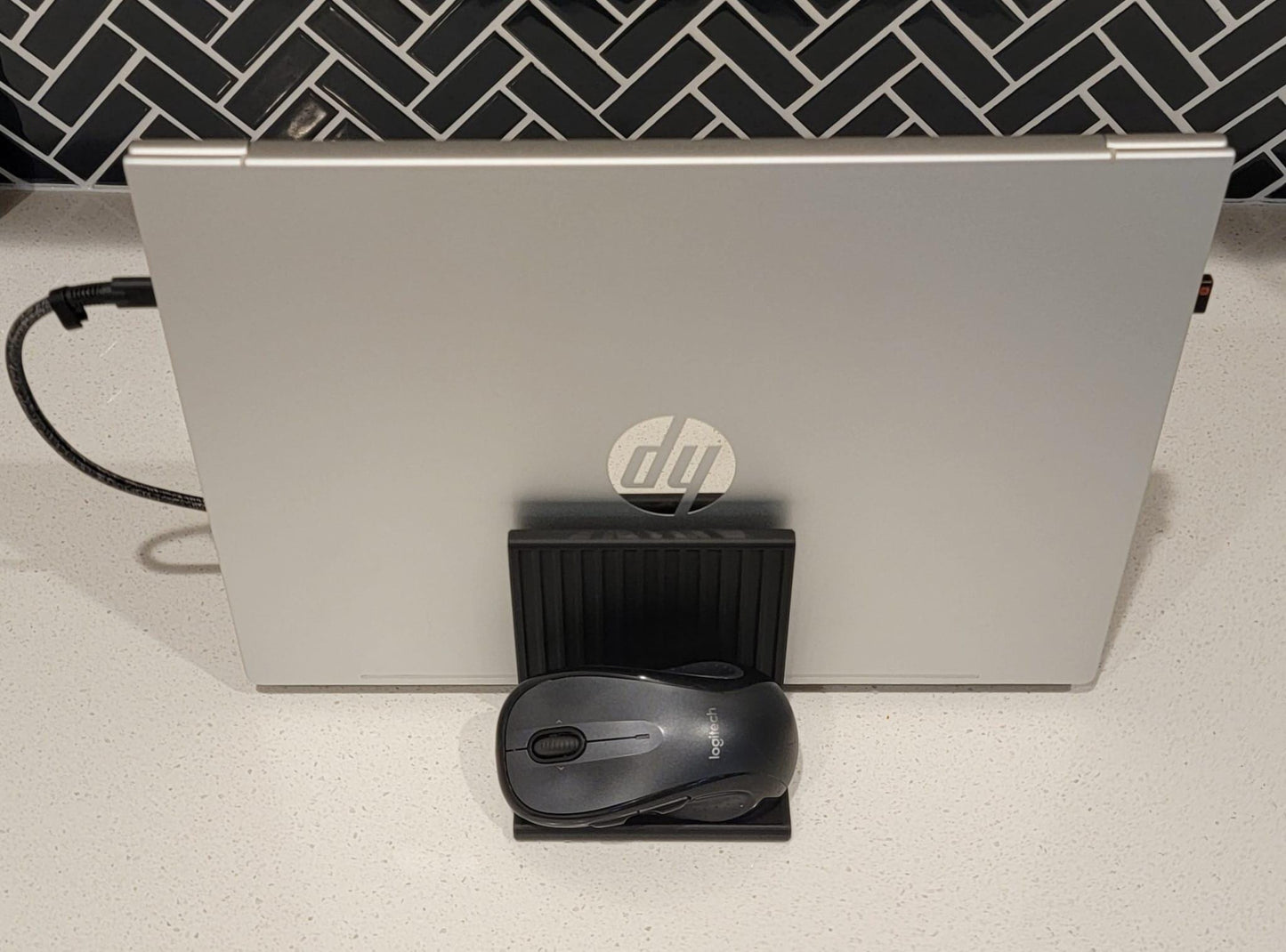 Vertical Laptop Stand | Minimalist Desk Organizer with Power Brick & Mouse Holder