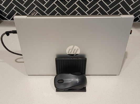 Vertical Laptop Stand | Minimalist Desk Organizer with Power Brick & Mouse Holder