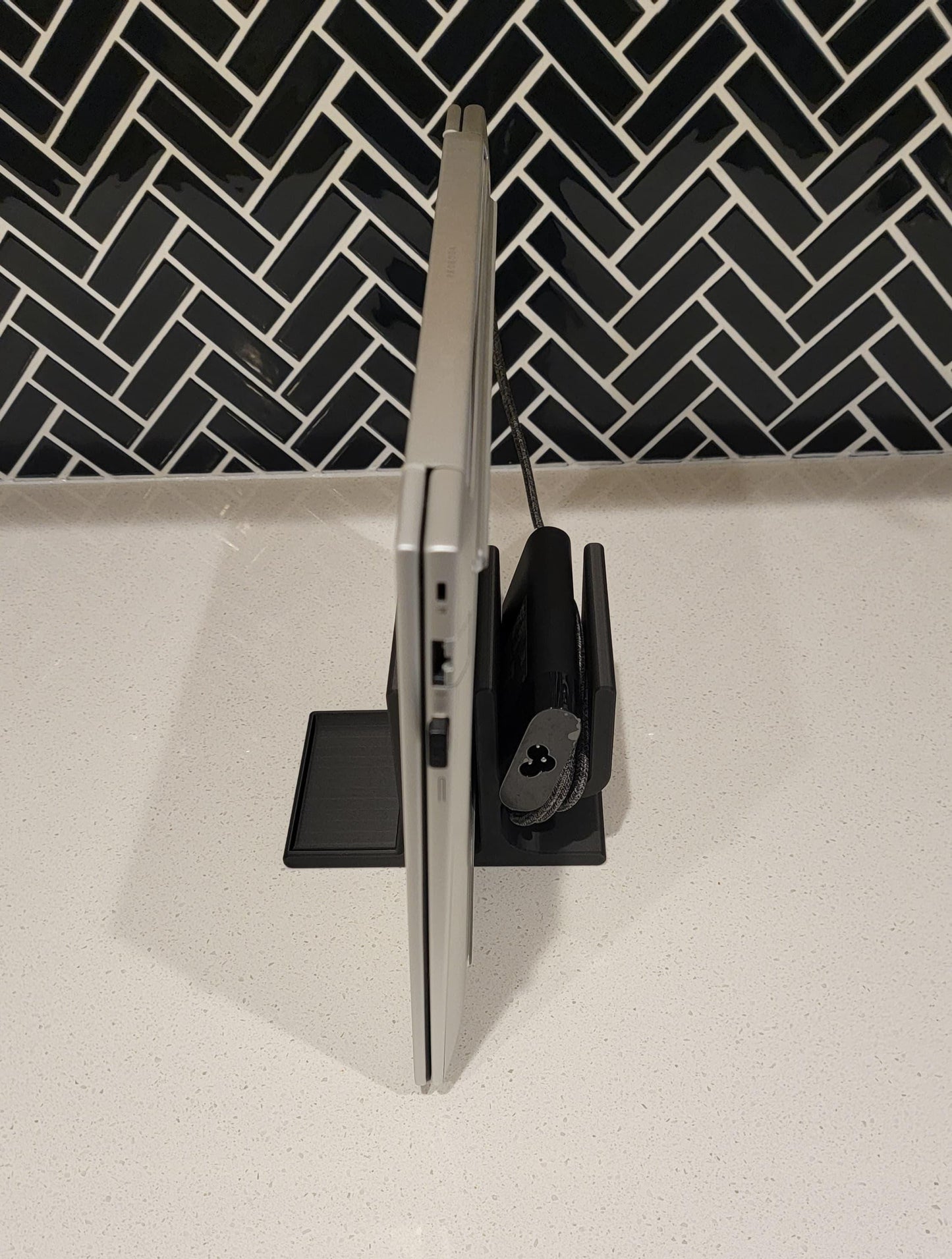 Vertical Laptop Stand | Minimalist Desk Organizer with Power Brick & Mouse Holder
