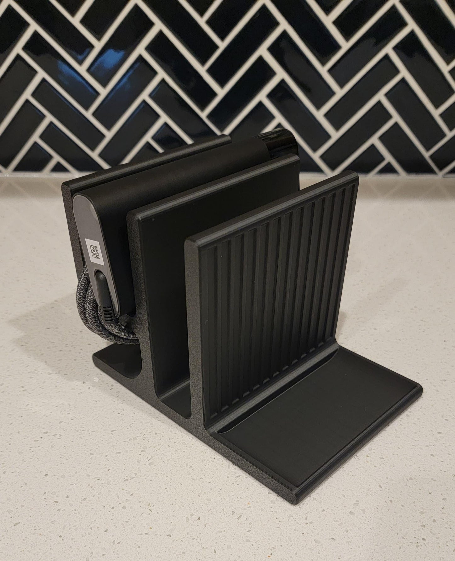 Vertical Laptop Stand | Minimalist Desk Organizer with Power Brick & Mouse Holder