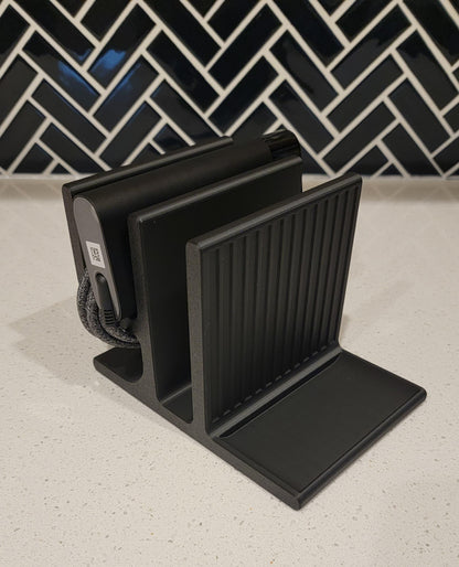 Vertical Laptop Stand | Minimalist Desk Organizer with Power Brick & Mouse Holder